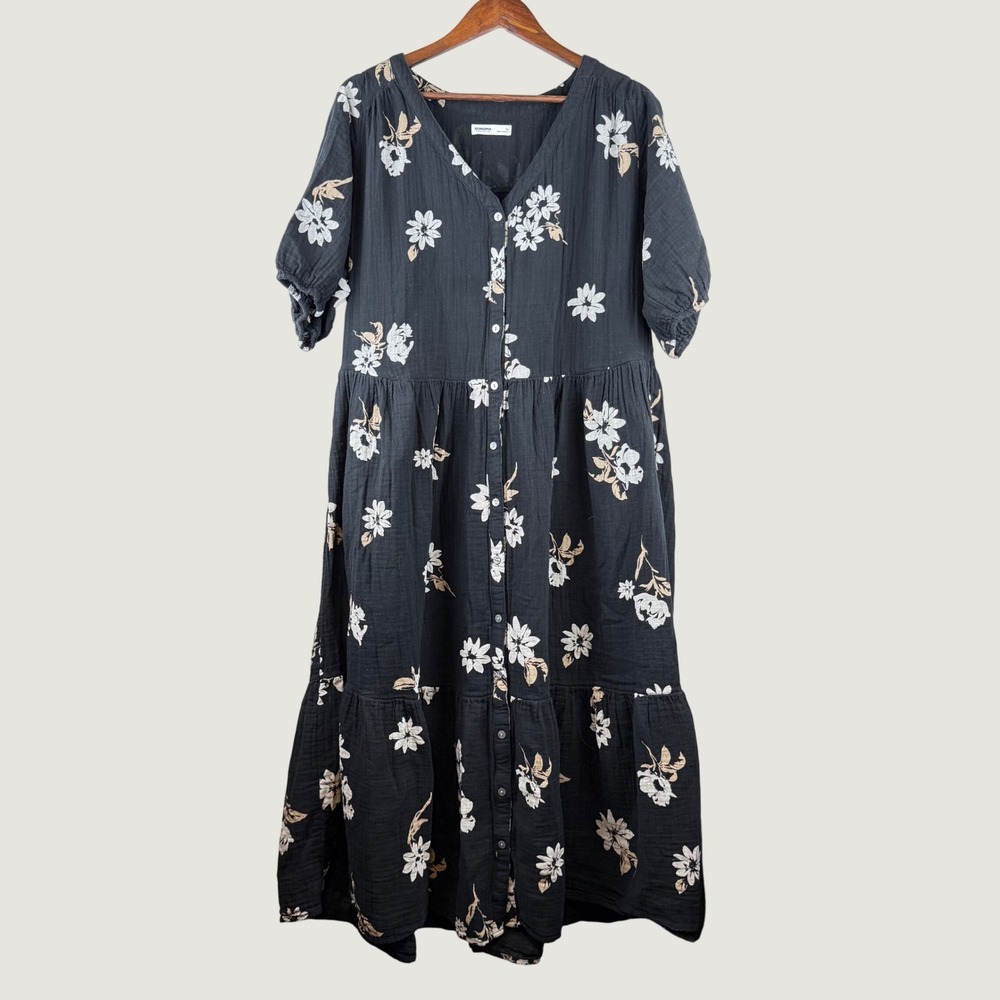Tiered Maxi Floral Guaze Dress Womens 1X Black Cottagecore Lagenlook Teacher